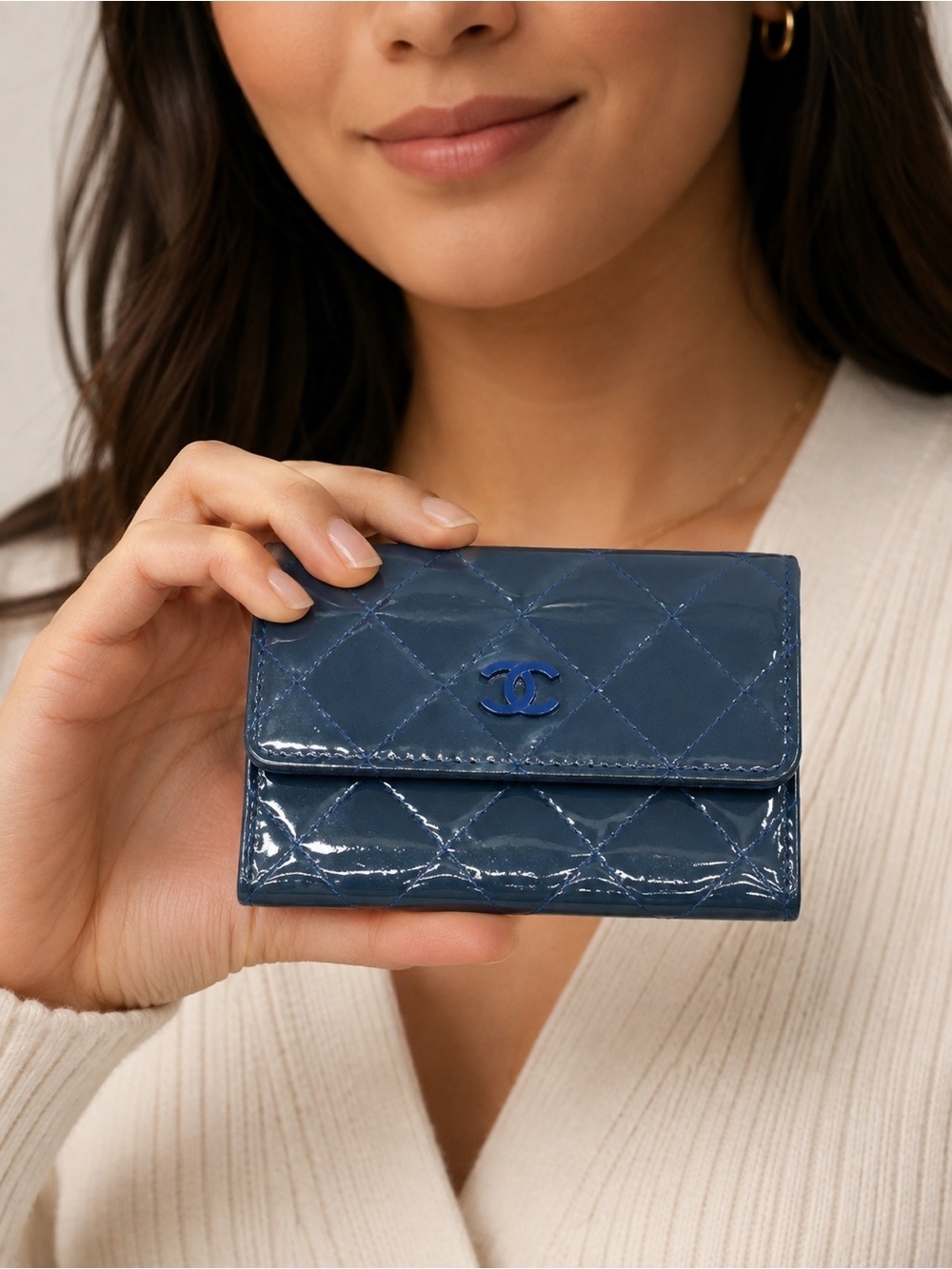 CHANEL Quilted Patent Leather Card Wallet in Cobalt Blue